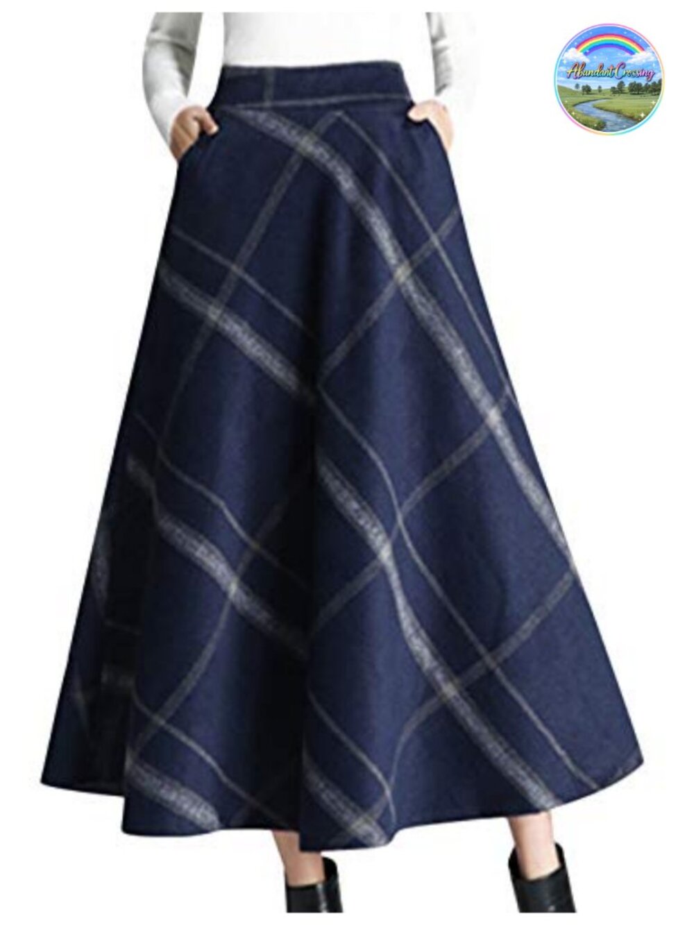 Wool Blend Plaid A-Line Pleated Midi Skirt High Waist Pockets